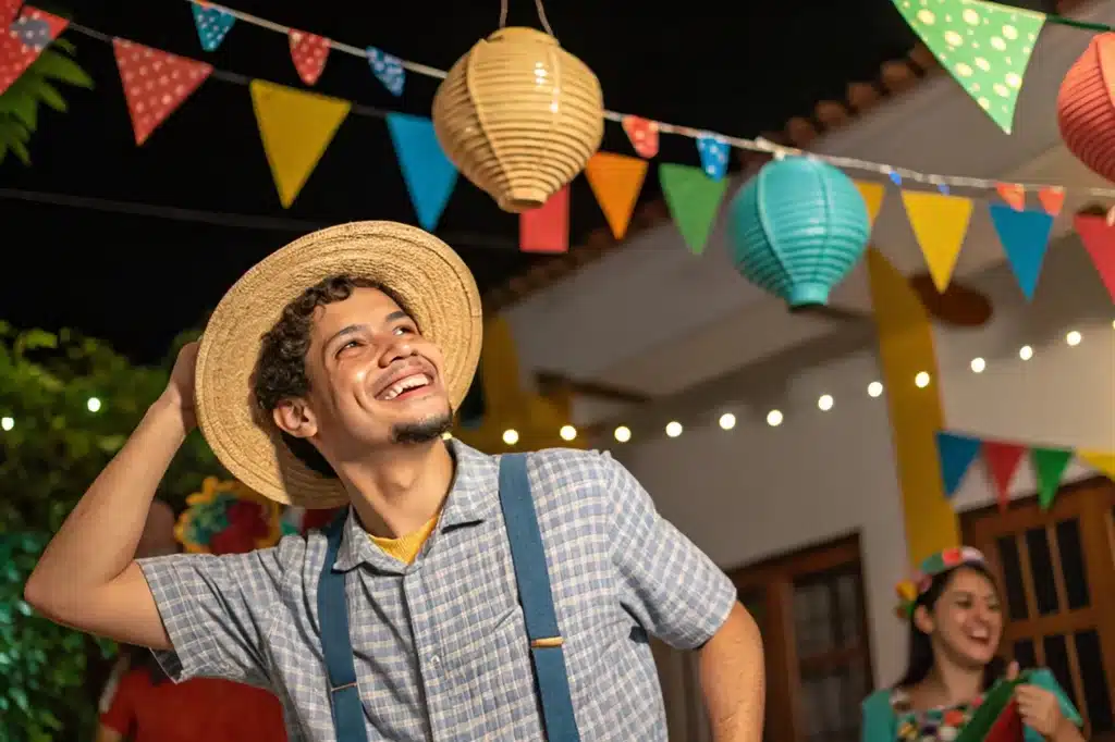 Homem com chapéu de palha em festa junina, representando folga e ponto facultativo durante as celebrações de São João.