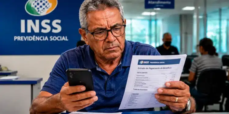Idoso em agência do INSS analisando documento de extrato de pagamento enquanto verifica no celular informações sobre descontos indevidos e alerta de golpes