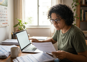 Contribuinte revisa documentos do IRPF 2026 no notebook para enviar a declaração retificadora após o prazo encerrado em 29 de maio