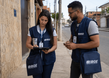 Dois profissionais fardados do IBGE realizam trabalho de campo em uma rua residencial, utilizando tablet e celular para coleta de informações.