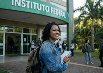 Estudante com caderno em frente ao Instituto Federal, que abriu seleção com 337 vagas gratuitas em cursos técnicos e graduação