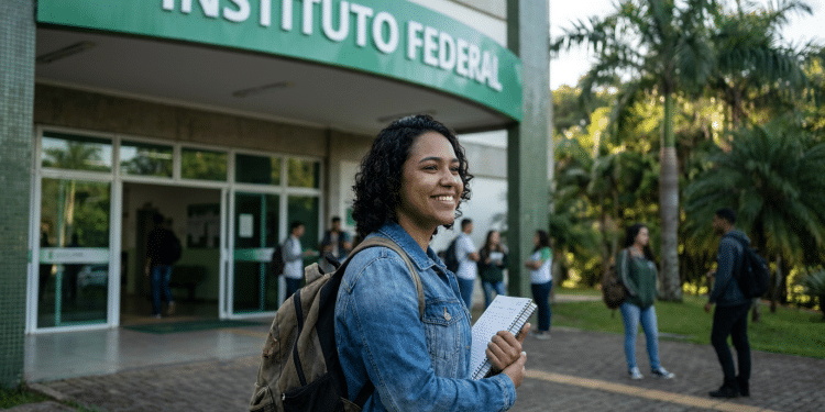 Estudante com caderno em frente ao Instituto Federal, que abriu seleção com 337 vagas gratuitas em cursos técnicos e graduação
