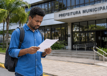 Homem lê documento em frente à Prefeitura Municipal durante processo seletivo para Agente Comunitário de Saúde.