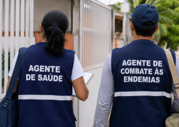 Agente de saúde e agente de combate às endemias fardados de costas durante atendimento em área residencial.