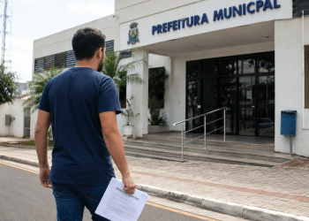 Candidato com documento de processo seletivo em frente à Prefeitura Municipal.
