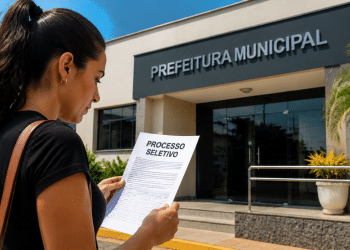 Pessoa lendo documento de processo seletivo em frente à Prefeitura Municipal.