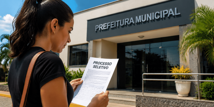 Pessoa lendo documento de processo seletivo em frente à Prefeitura Municipal.