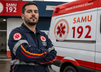 Profissional do SAMU uniformizado em frente a uma ambulância, representando vagas de nível médio e técnico no Espírito Santo.
