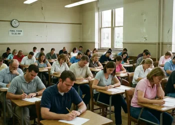 Candidatos realizam prova em sala de aula, representando profissões que exigem exames ou concursos após a faculdade.