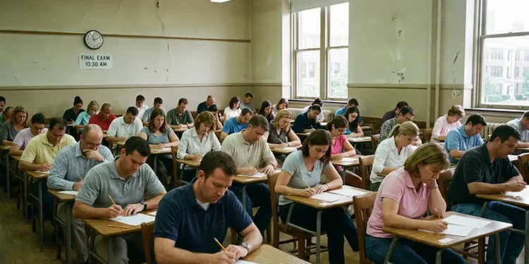 Candidatos realizam prova em sala de aula, representando profissões que exigem exames ou concursos após a faculdade.