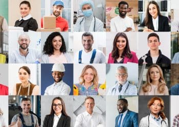 Mosaico com rostos de diversos profissionais de áreas como saúde, tecnologia, engenharia e direito, em referência às profissões com remuneração alta em 2026