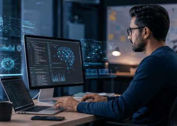 Profissional trabalha com inteligência artificial em computadores com telas de dados, códigos e redes neurais.