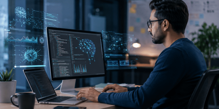 Profissional trabalha com inteligência artificial em computadores com telas de dados, códigos e redes neurais.