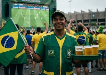 Vendedor ambulante com bandeira do Brasil e bandeja de chope em frente a telão durante a Copa do Mundo, representando as profissões que lucram com o torneio.