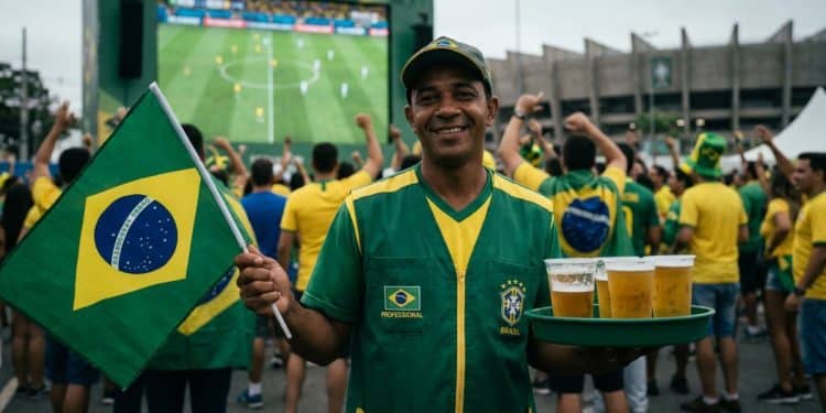 Vendedor ambulante com bandeira do Brasil e bandeja de chope em frente a telão durante a Copa do Mundo, representando as profissões que lucram com o torneio.