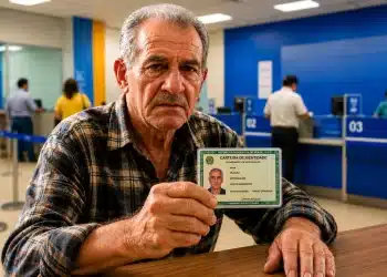 Idoso mostrando carteira de identidade em agência bancária, destacando a importância da prova de vida para aposentados em junho.