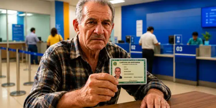 Idoso mostrando carteira de identidade em agência bancária, destacando a importância da prova de vida para aposentados em junho.