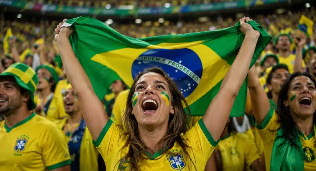Torcedora brasileira levanta bandeira do Brasil em arquibancada lotada em clima de comemoração, representando o próximo jogo da Seleção na Copa do Mundo.
