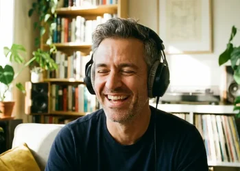 Homem ouvindo música com fones, lembrando momentos da adolescência.