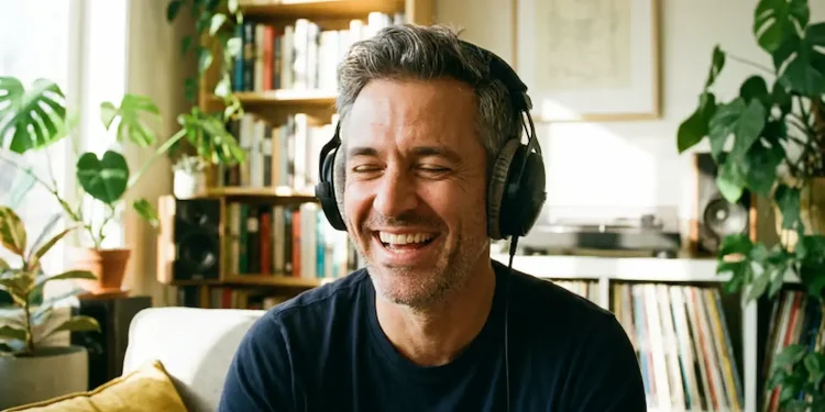 Homem ouvindo música com fones, lembrando momentos da adolescência.