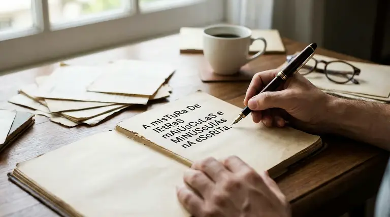 Pessoa escrevendo em um caderno com letras maiúsculas e minúsculas misturadas, refletindo expressão pessoal e identidade na escrita.