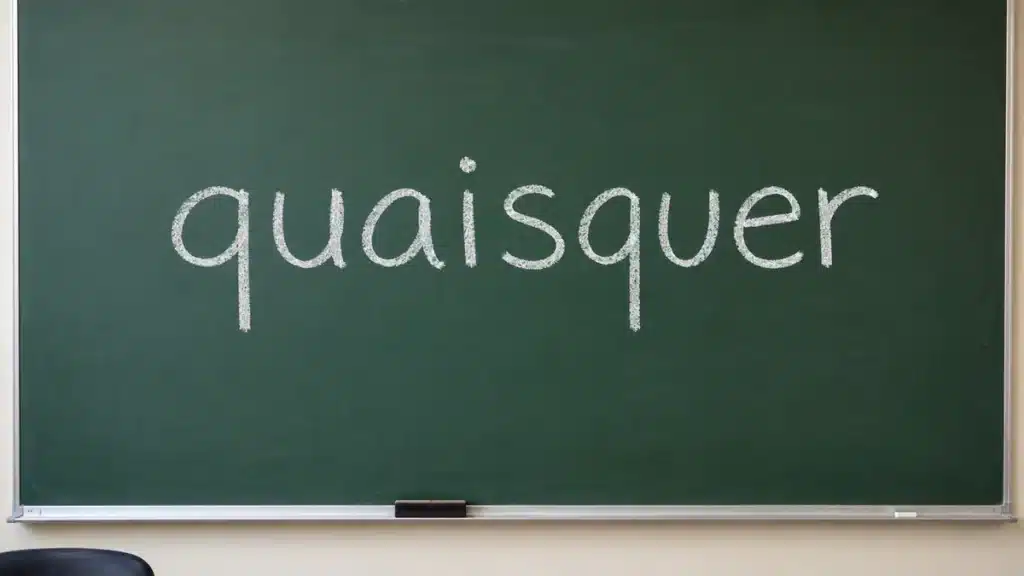 Quadro de sala de aula com a palavra “quaisquer” escrita em giz, ilustrando regras de concordância nominal na língua portuguesa