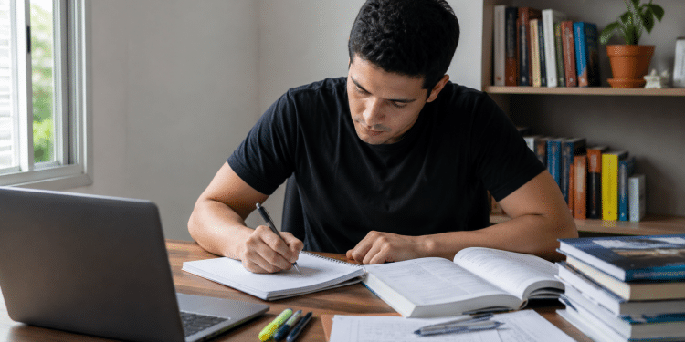 Pessoa estudando raciocínio lógico com notebook e livro aberto em mesa de estudos para concurso público.