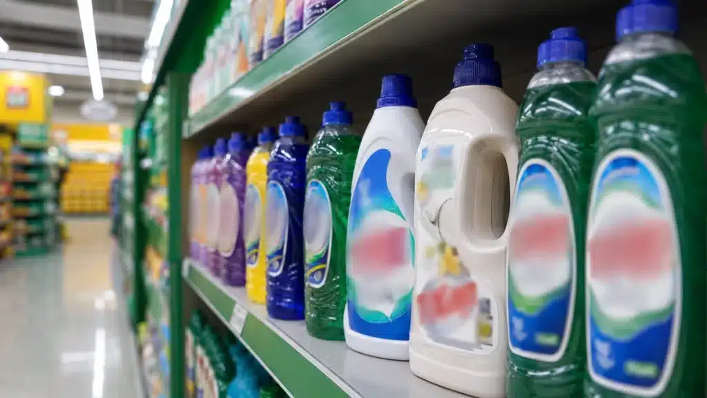 Prateleira de supermercado com embalagens de lava-roupas em destaque, ilustrando recolhimento preventivo do lava-roupas Tixan Ypê