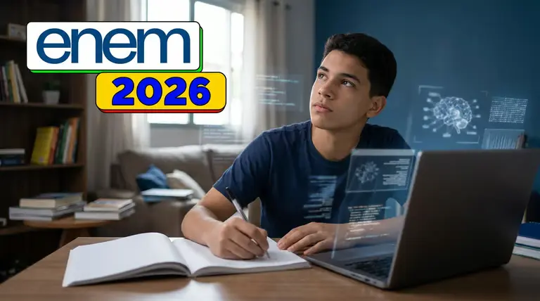 Estudante se prepara para a redação do Enem 2026 com apoio de notebook, caderno e referências sobre inteligência artificial.