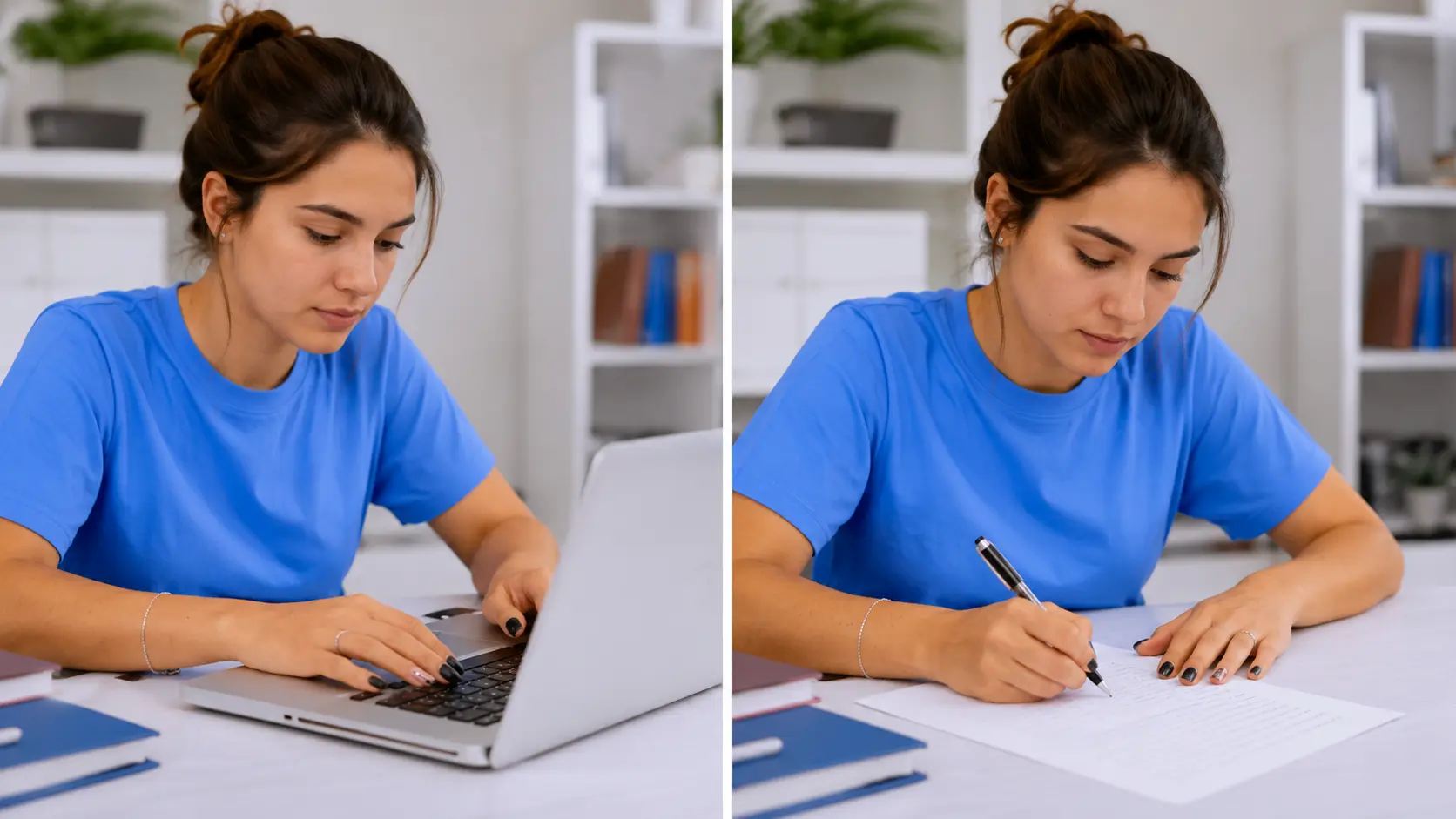 Estudante alternando entre digitação no notebook e escrita manual de redação.