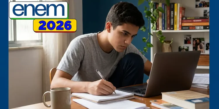 Estudante se prepara para a redação do Enem 2026 usando notebook e caderno, com destaque para o tema tecnologia e IA.
