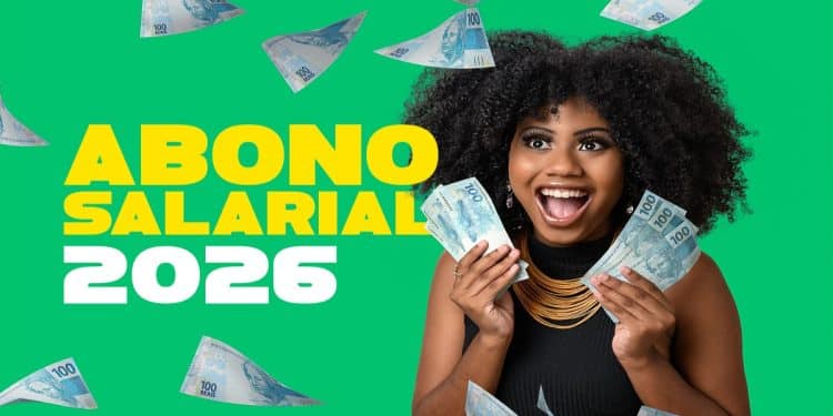 Mulher sorri segurando notas de R$ 100 ao lado da arte "Abono Salarial 2026", em imagem que ilustra quem tem direito ao benefício, incluindo quem ganhou o salário mínimo em 2024.