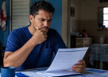 Trabalhador preocupado analisando um documento em casa, representando a conferência das regras e do prazo do seguro-desemprego