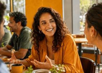 Jovem brasileira sorrindo e conversando com outras pessoas em cafeteria, representando empatia e habilidade social.
