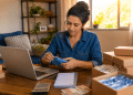 Mulher embala produtos em casa ao lado de notebook caixas e calculadora sobre a mesa