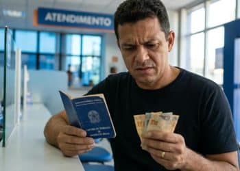 Trabalhador confere cédulas de real segurando a carteira de trabalho, em referência ao Abono Salarial e ao ressarcimento PIS/Pasep