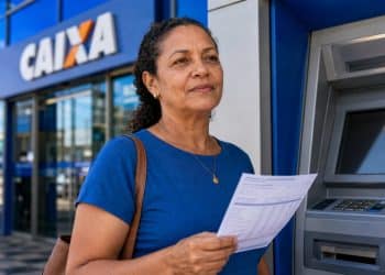 Mulher segurando um extrato em frente a um caixa eletrônico da Caixa, representando a consulta à restituição do Imposto de Renda