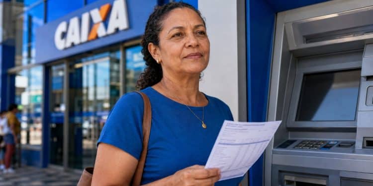 Mulher segurando um extrato em frente a um caixa eletrônico da Caixa, representando a consulta à restituição do Imposto de Renda