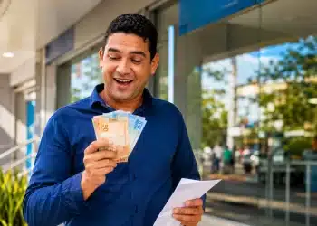 Servidor público sorrindo ao segurar dinheiro e envelope de pagamento em frente a uma agência bancária.