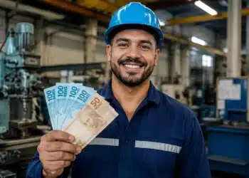 Homem sorridente segurando cédulas de reais, representando profissões que permitem ganhar R$ 15 mil sem faculdade