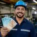 Homem sorridente segurando cédulas de reais, representando profissões que permitem ganhar R$ 15 mil sem faculdade