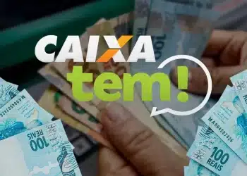 Logotipo do Caixa Tem com notas de cem reais ao fundo, representando o pagamento de R$ 1.216 disponível para milhões de brasileiros do Abono Salarial PIS/Pasep.