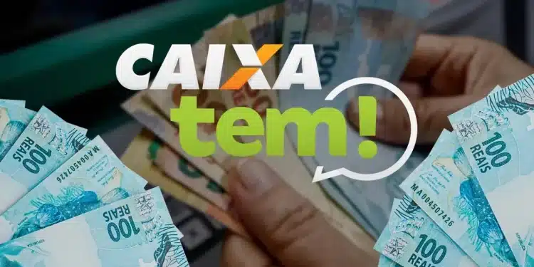 Logotipo do Caixa Tem com notas de cem reais ao fundo, representando o pagamento de R$ 1.216 disponível para milhões de brasileiros do Abono Salarial PIS/Pasep.