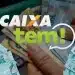 Logotipo do Caixa Tem com notas de cem reais ao fundo, representando o pagamento de R$ 1.216 disponível para milhões de brasileiros do Abono Salarial PIS/Pasep.