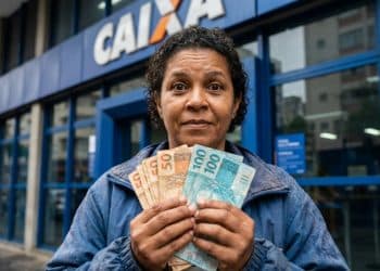 Mulher segurando notas de R$ 50 e R$ 100 em frente a uma agência da Caixa, representando o saque calamidade do FGTS de até R$ 6.220.