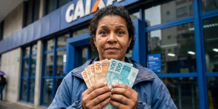 Mulher segurando notas de R$ 50 e R$ 100 em frente a uma agência da Caixa, representando o saque calamidade do FGTS de até R$ 6.220.