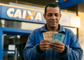 Trabalhador conta cédulas de R$ 50 e R$ 100 em frente a uma agência da Caixa após o Saque Calamidade do FGTS