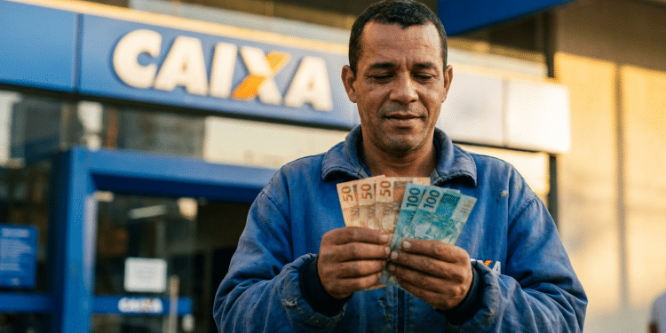 Trabalhador conta cédulas de R$ 50 e R$ 100 em frente a uma agência da Caixa após o Saque Calamidade do FGTS