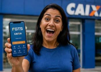 Mulher sorrindo segura celular com o aplicativo FGTS aberto na frente de uma agência da CAIXA, em referência ao Saque Calamidade de até R$ 6.220 liberado para trabalhadores de sete novas cidades em junho de 2026