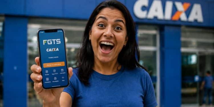 Mulher sorrindo segura celular com o aplicativo FGTS aberto na frente de uma agência da CAIXA, em referência ao Saque Calamidade de até R$ 6.220 liberado para trabalhadores de sete novas cidades em junho de 2026